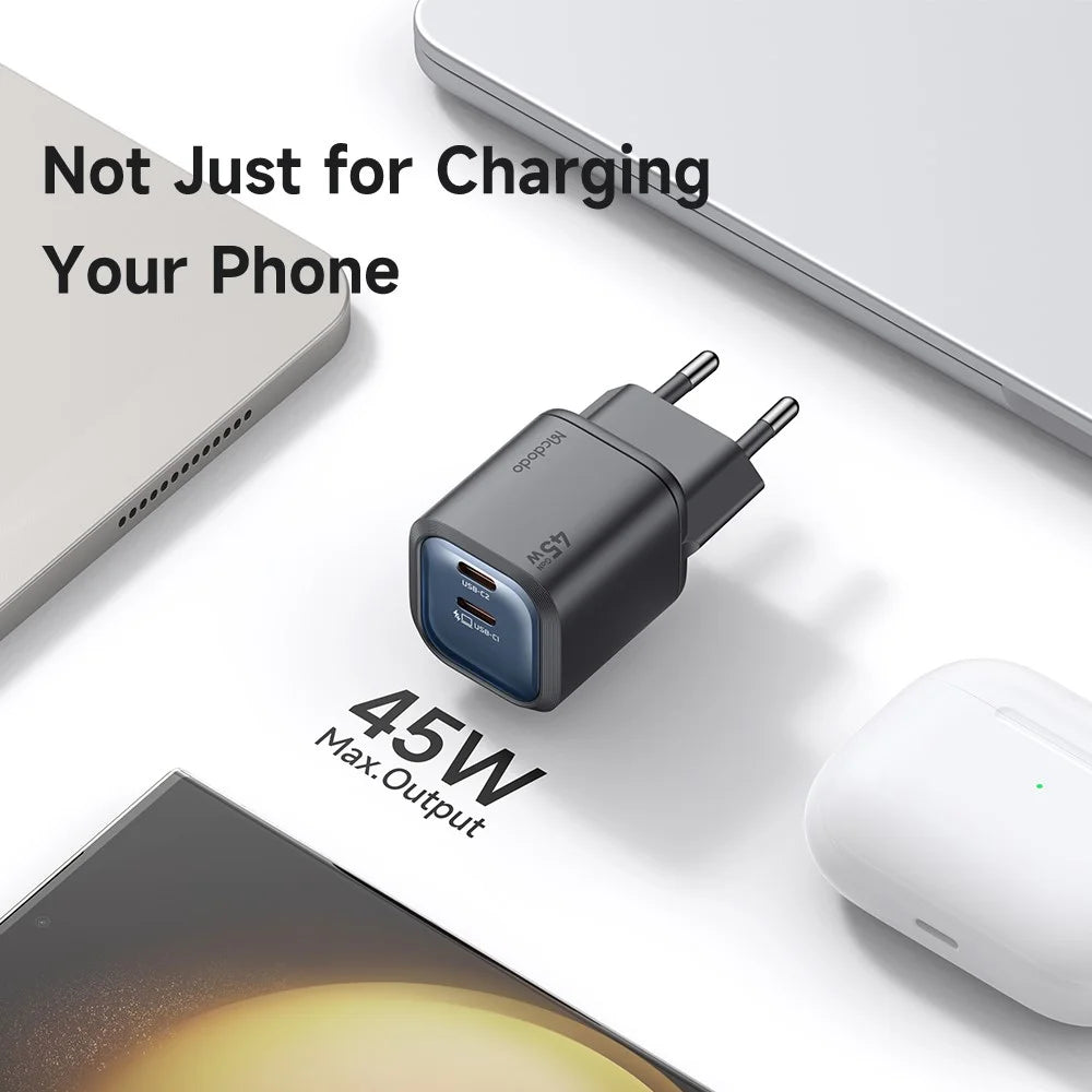MCDODO CH-1002 EU Plug 45W Fast Charging Adapter Dual USB-C GaN Charger for iPhone iPad MacBook Samsung - Black - 5