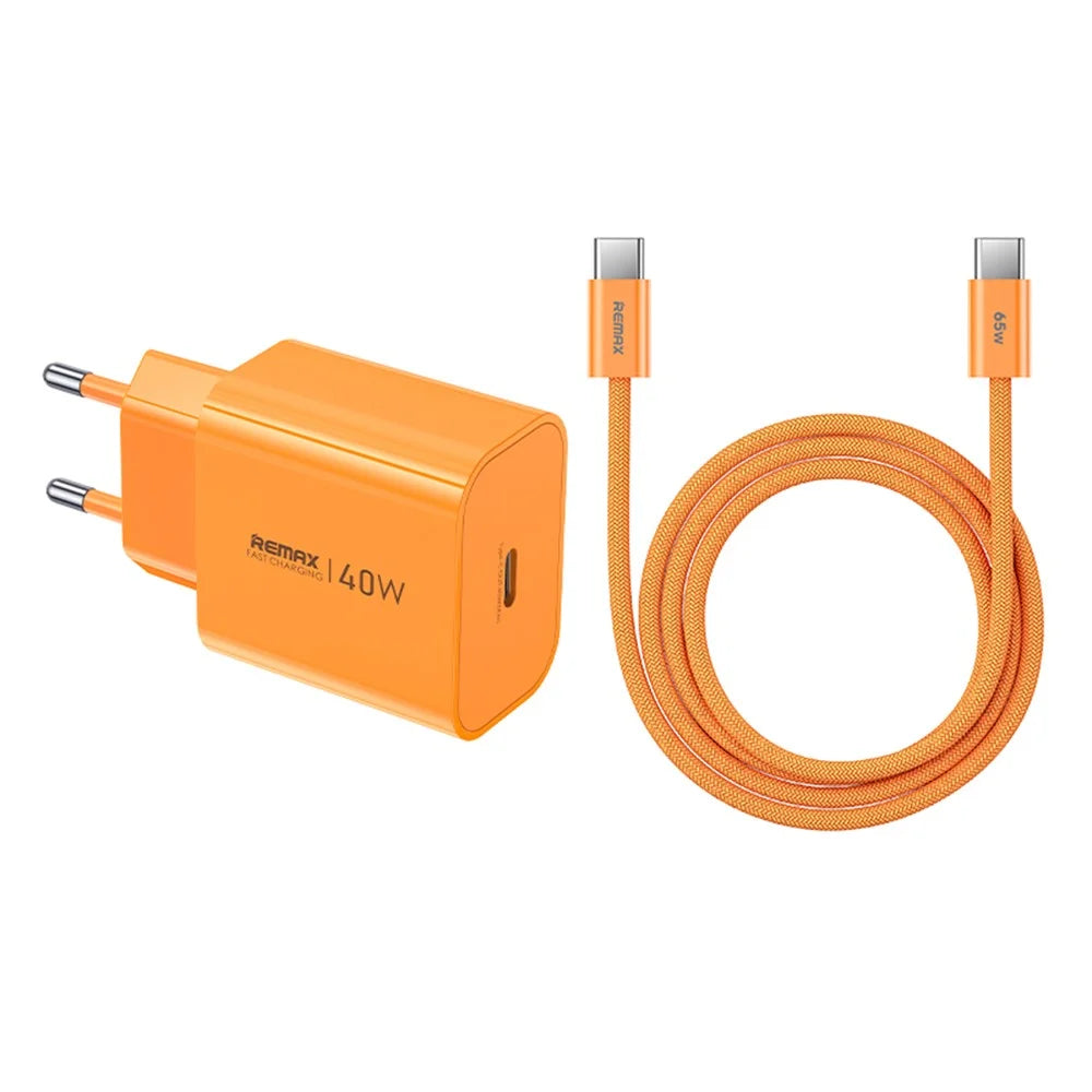 REMAX CA10(C40W) GaN Charger Kit 40W USB-C PD Adapter + 65W USB-C to USB-C Cable EU Plug Fast Charging Set - Orange - 1