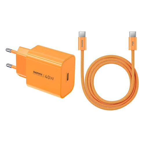 REMAX CA10(C40W) GaN Charger Kit 40W USB-C PD Adapter + 65W USB-C to USB-C Cable EU Plug Fast Charging Set - Orange - 1