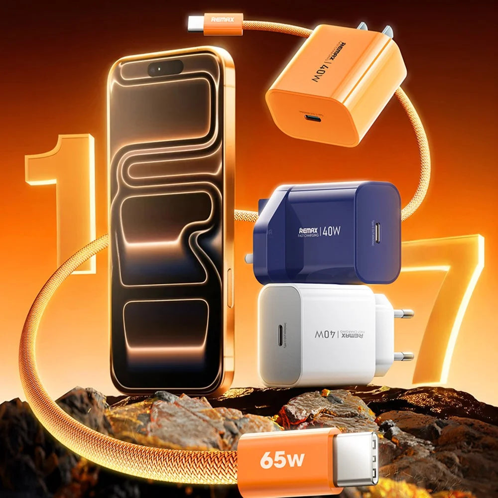 REMAX CA10(C40W) GaN Charger Kit 40W USB-C PD Adapter + 65W USB-C to USB-C Cable EU Plug Fast Charging Set - Orange - 2