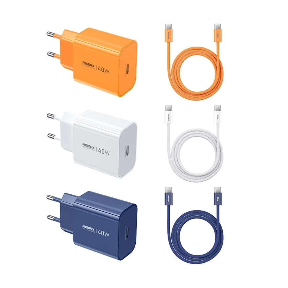 REMAX CA10(C40W) GaN Charger Kit 40W USB-C PD Adapter + 65W USB-C to USB-C Cable EU Plug Fast Charging Set - Orange - 3