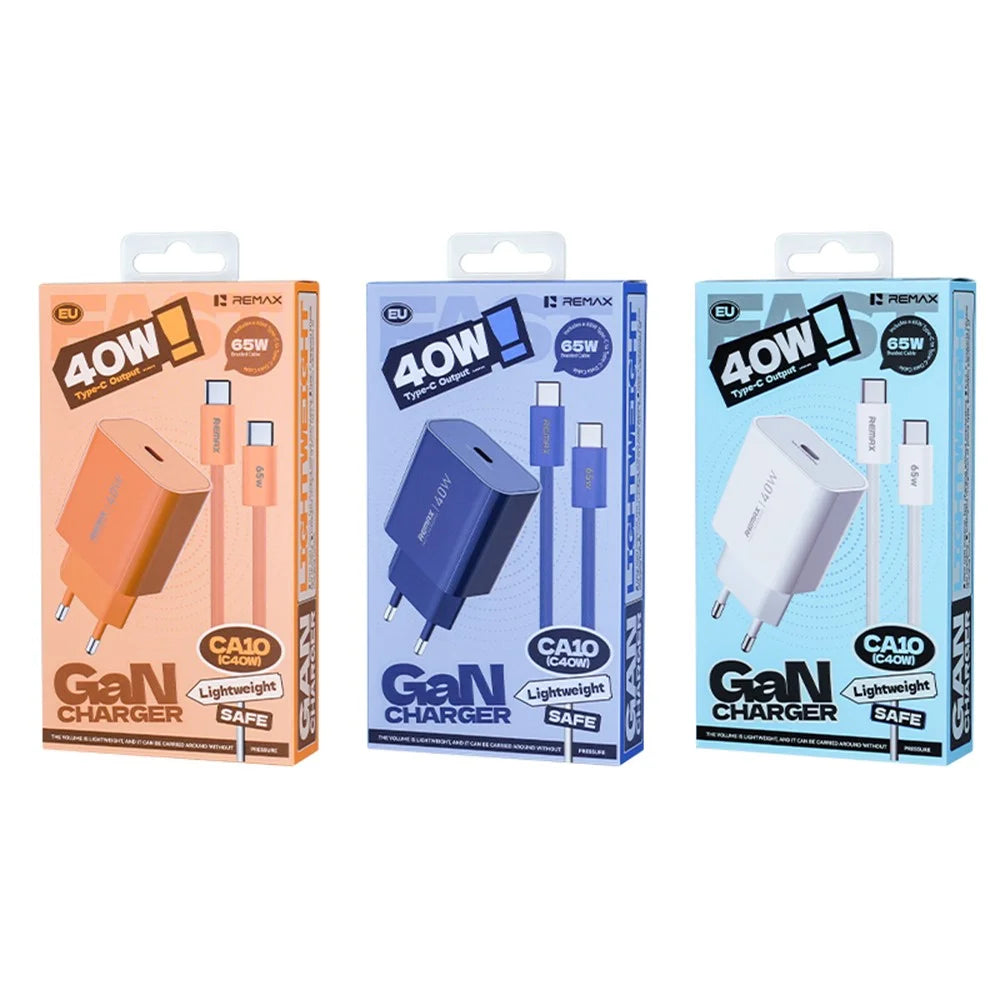 REMAX CA10(C40W) GaN Charger Kit 40W USB-C PD Adapter + 65W USB-C to USB-C Cable EU Plug Fast Charging Set - Orange - 4