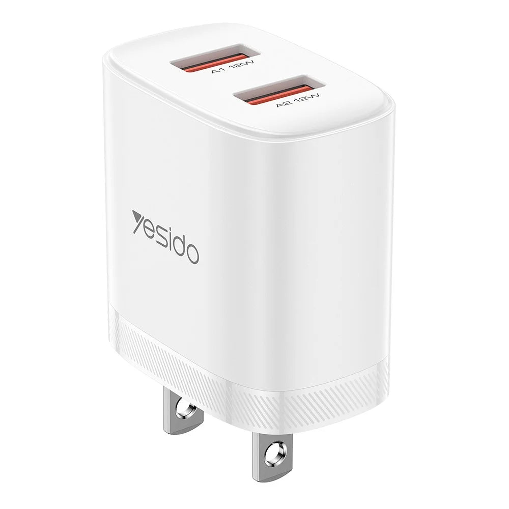 YESIDO YC17U US Plug Dual USB Wall Charger 2.4A 12W Fast Charging Adapter with USB-A to USB-C Cable - White - 1