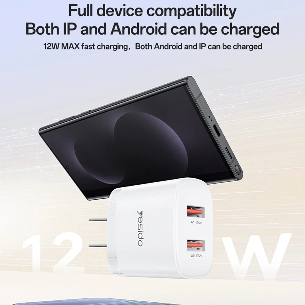 YESIDO YC17U US Plug Dual USB Wall Charger 2.4A 12W Fast Charging Adapter with USB-A to USB-C Cable - White - 2