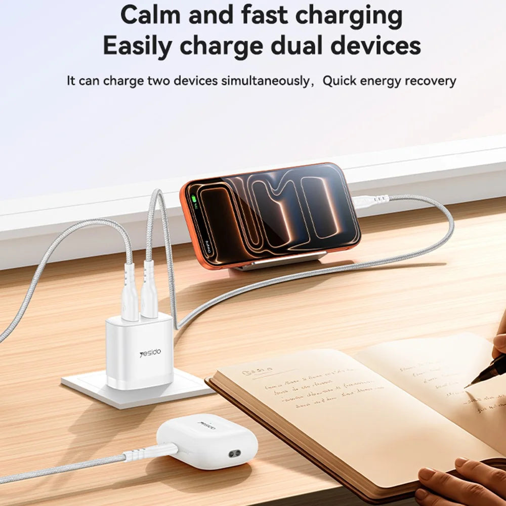YESIDO YC17U US Plug Dual USB Wall Charger 2.4A 12W Fast Charging Adapter with USB-A to USB-C Cable - White - 3