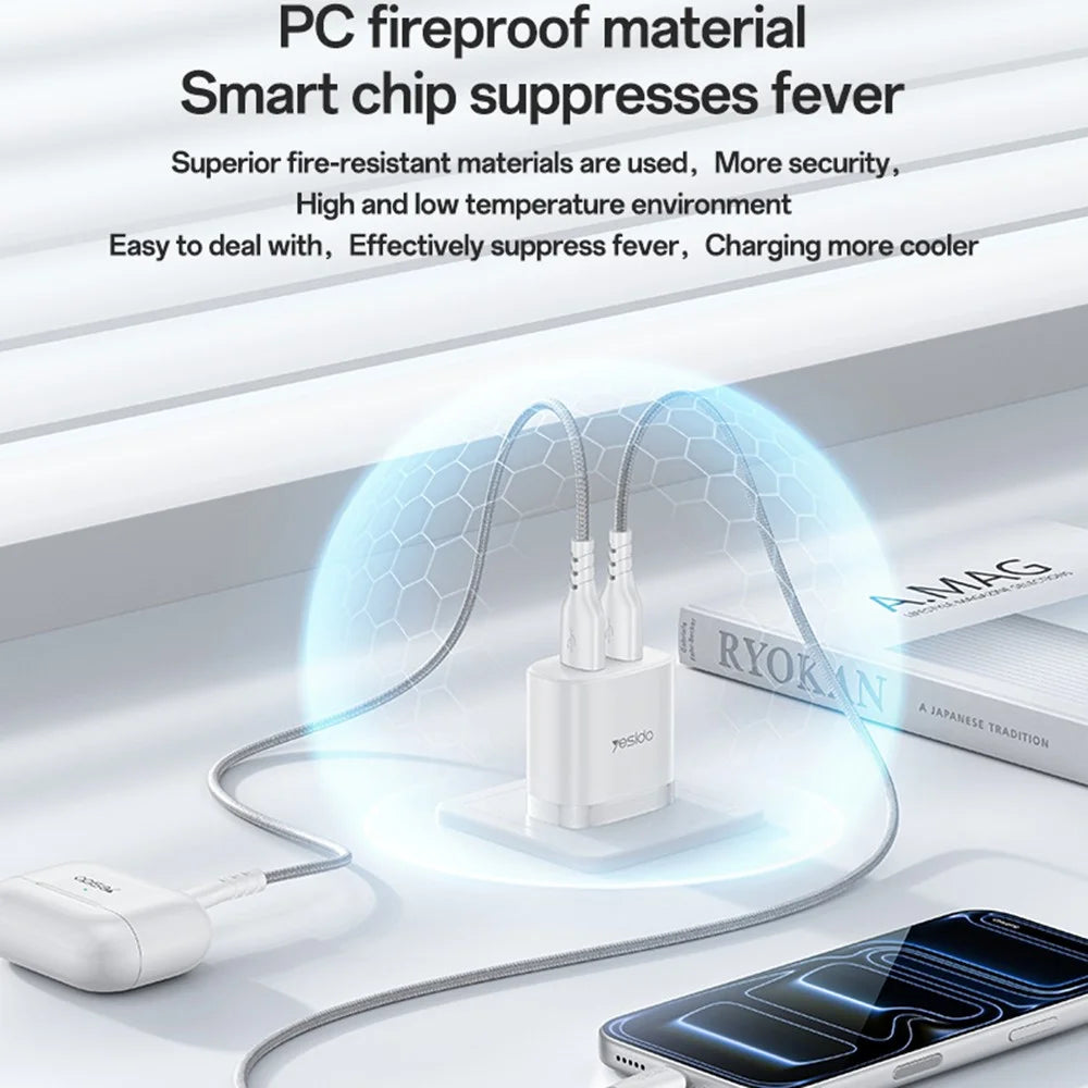YESIDO YC17U US Plug Dual USB Wall Charger 2.4A 12W Fast Charging Adapter with USB-A to USB-C Cable - White - 5