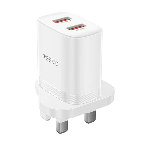 YESIDO YC150 UK Plug Dual USB Wall Charger 2.4A 12W Fast Charging Adapter with USB-A to USB-C Cable - White - 1