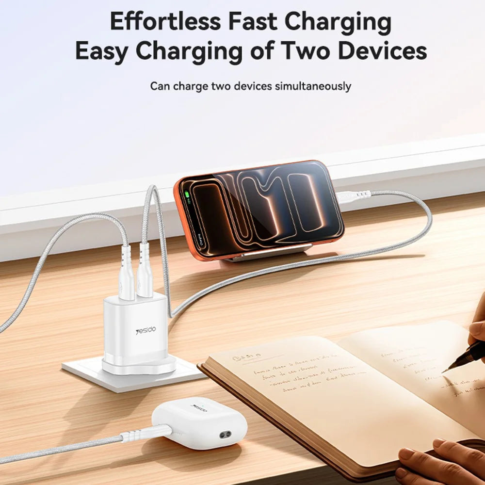 YESIDO YC150 UK Plug Dual USB Wall Charger 2.4A 12W Fast Charging Adapter with USB-A to USB-C Cable - White - 2