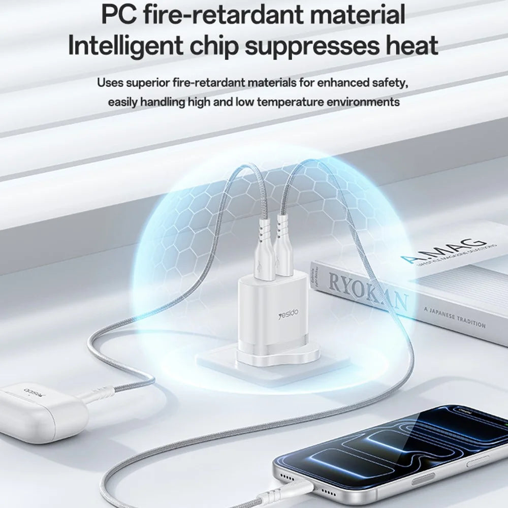 YESIDO YC150 UK Plug Dual USB Wall Charger 2.4A 12W Fast Charging Adapter with USB-A to USB-C Cable - White - 4