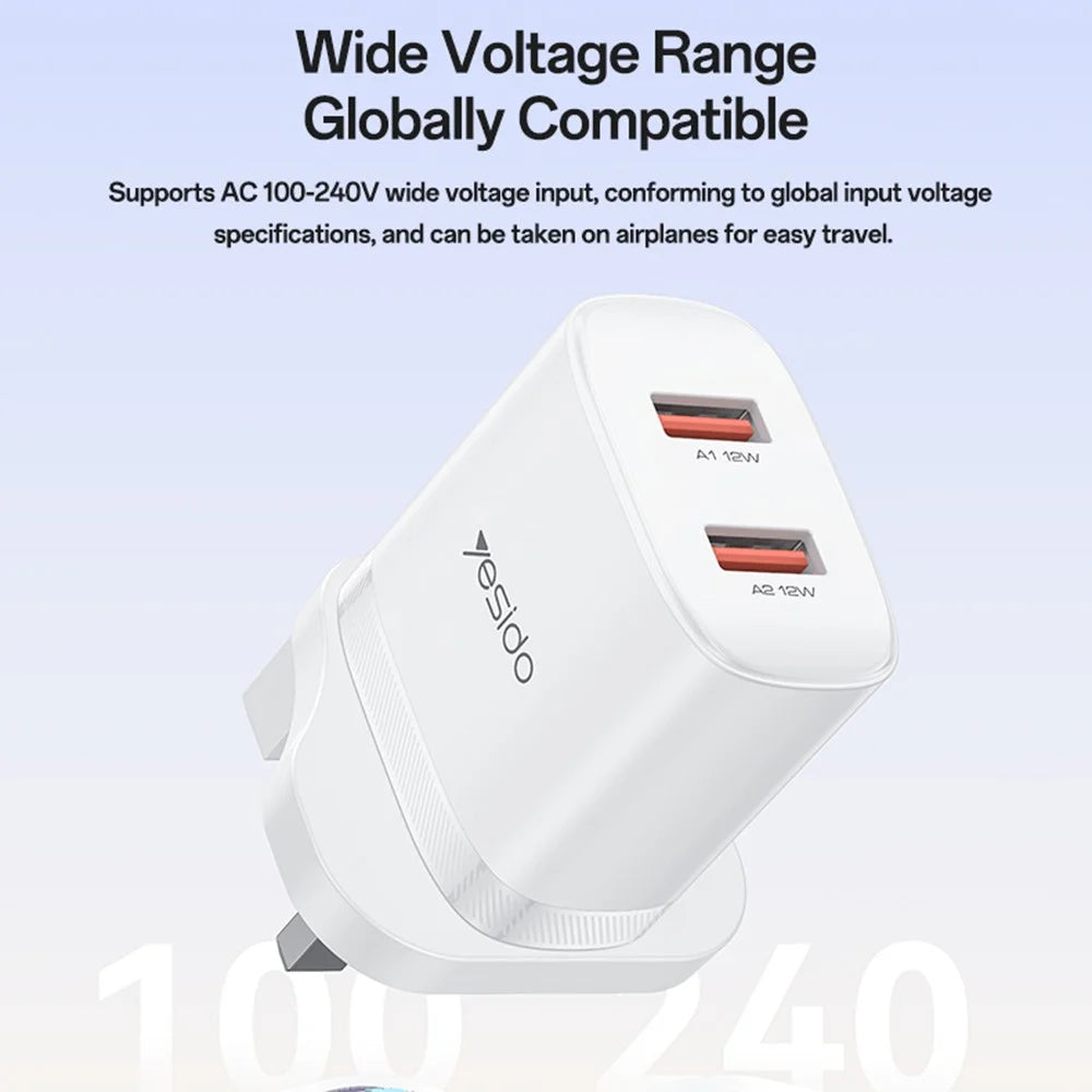 YESIDO YC150 UK Plug Dual USB Wall Charger 2.4A 12W Fast Charging Adapter with USB-A to USB-C Cable - White - 6
