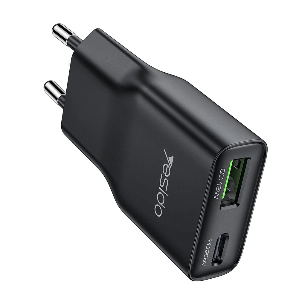 YESIDO YC112 Ultra Thin 20W Fast Charging Adapter USB + Type-C Dual Port Wall Charger, EU Plug - Black - 1