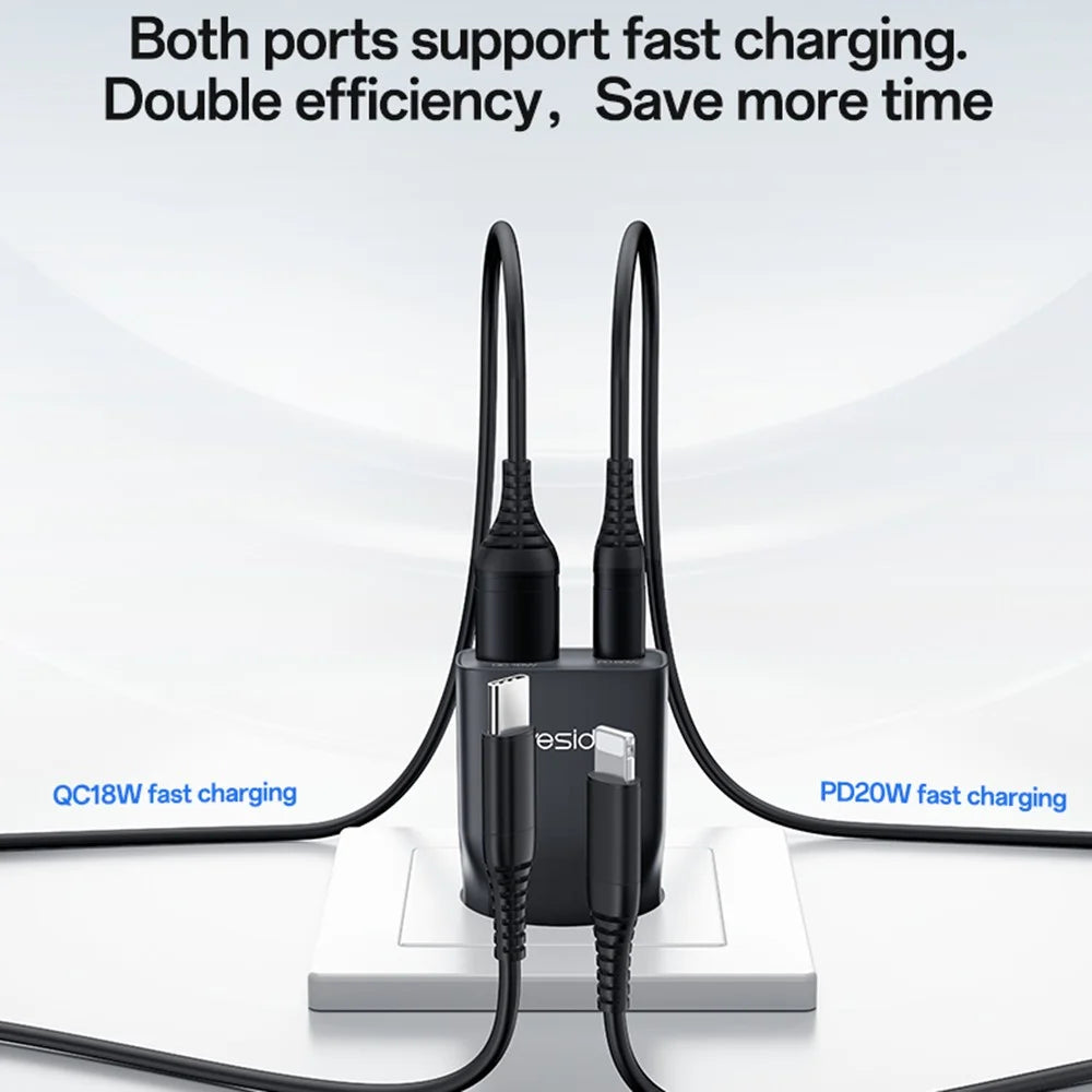 YESIDO YC112 Ultra Thin 20W Fast Charging Adapter USB + Type-C Dual Port Wall Charger, EU Plug - Black - 3