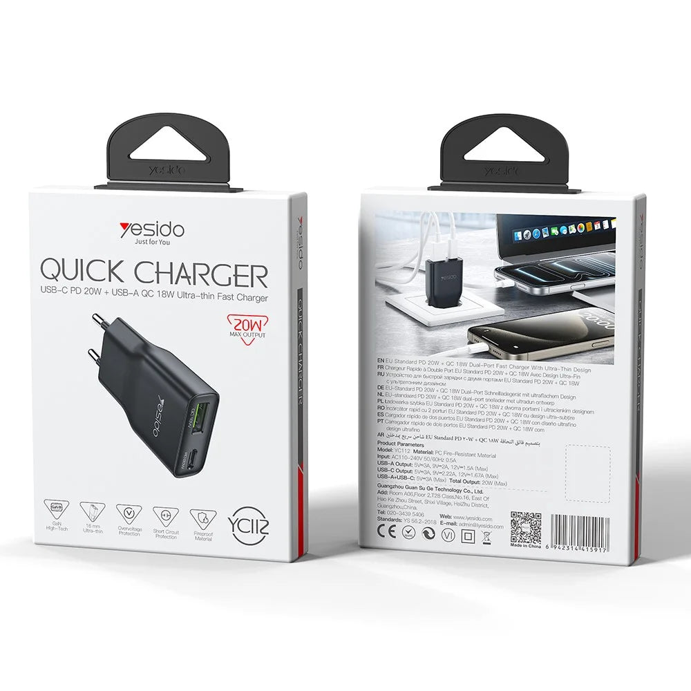 YESIDO YC112 Ultra Thin 20W Fast Charging Adapter USB + Type-C Dual Port Wall Charger, EU Plug - Black - 7