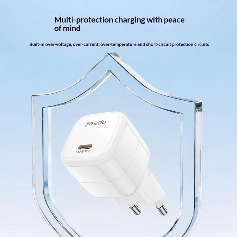 YESIDO YC102 PD 20W USB-C GaN Fast Charging Block Portable Single Port Wall Charger for iPhone / Samsung / Google, EU Plug - White - 5