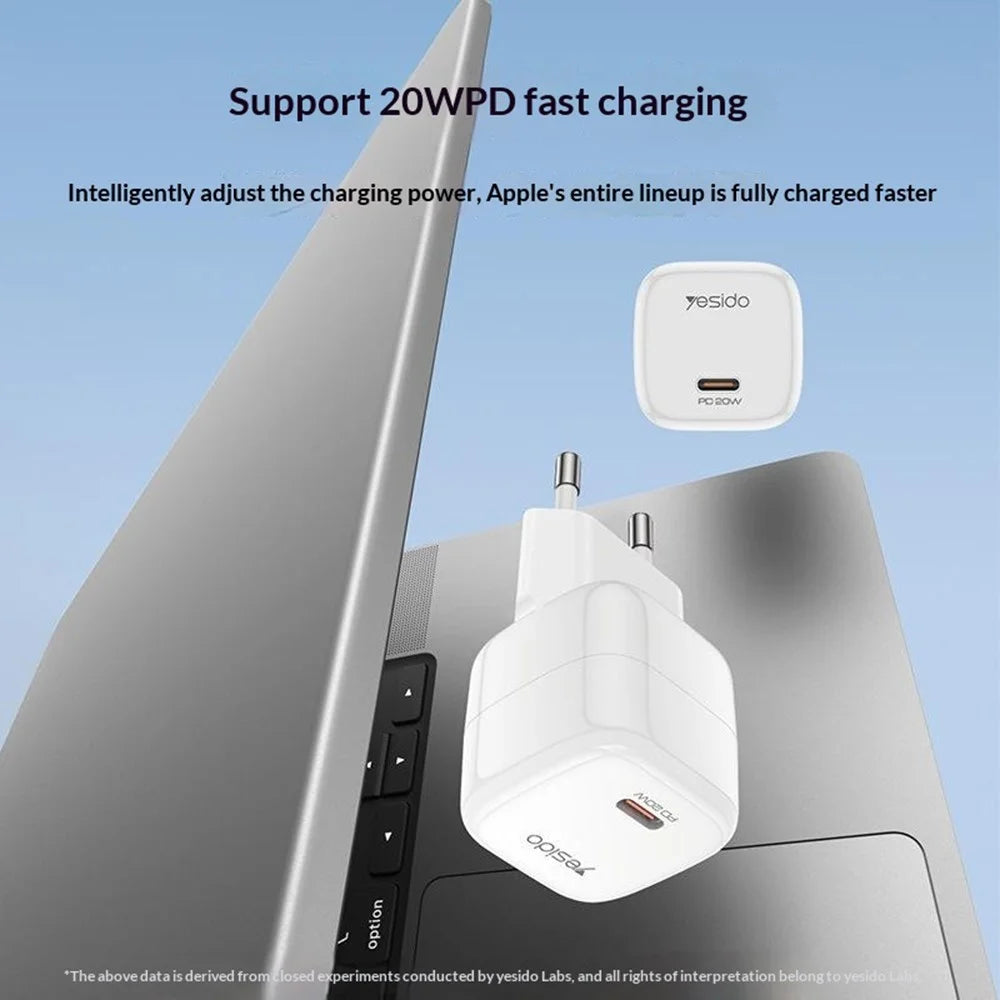 YESIDO YC102 PD 20W USB-C GaN Fast Charging Block Portable Single Port Wall Charger for iPhone / Samsung / Google, EU Plug - White - 6