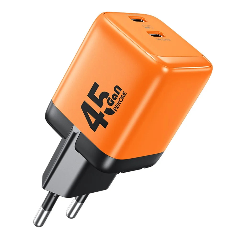 WEKOME WP-U47 45W GaN Charger 2 USB-C Ports Fast Charging Adapter for Laptop Tablet Phone, EU Plug - Orange - 1