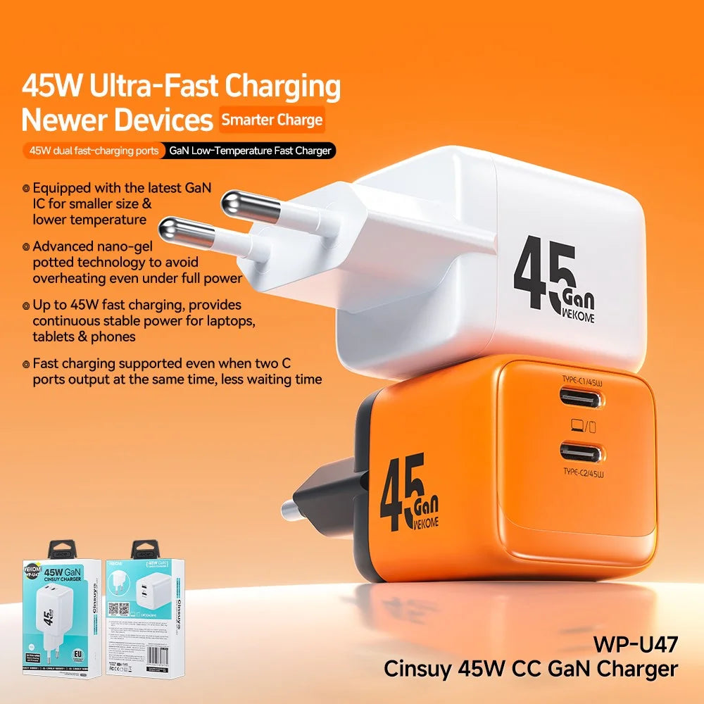 WEKOME WP-U47 45W GaN Charger 2 USB-C Ports Fast Charging Adapter for Laptop Tablet Phone, EU Plug - Orange - 2
