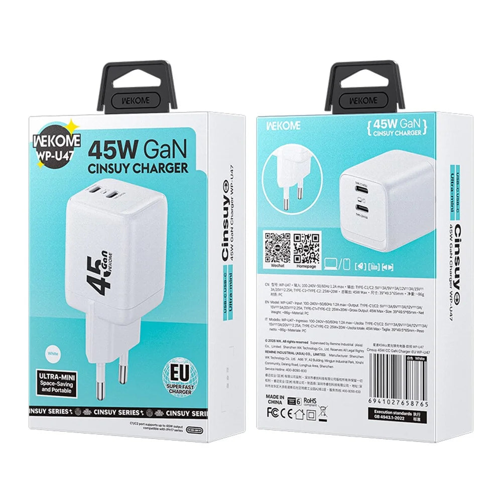 WEKOME WP-U47 45W GaN Charger 2 USB-C Ports Fast Charging Adapter for Laptop Tablet Phone, EU Plug - Orange - 3