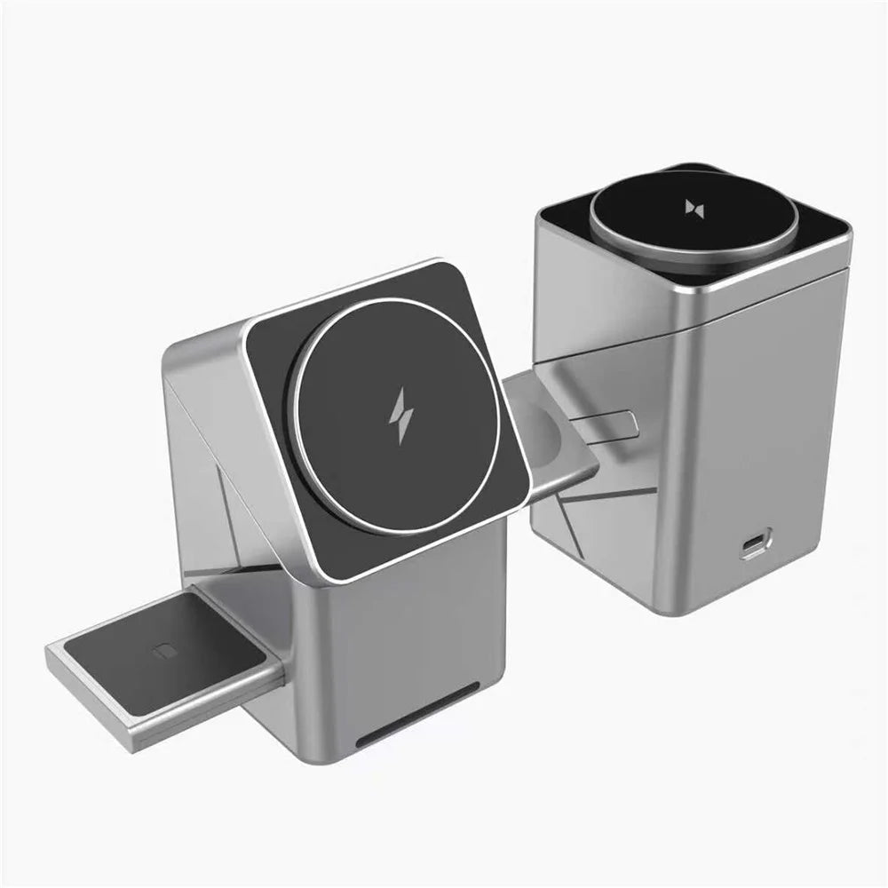W10 3 in 1 Magnetic Wireless Charger 15W Fast Charging Stand for iPhone Samsung Phone Watch Earbuds - Grey - 4