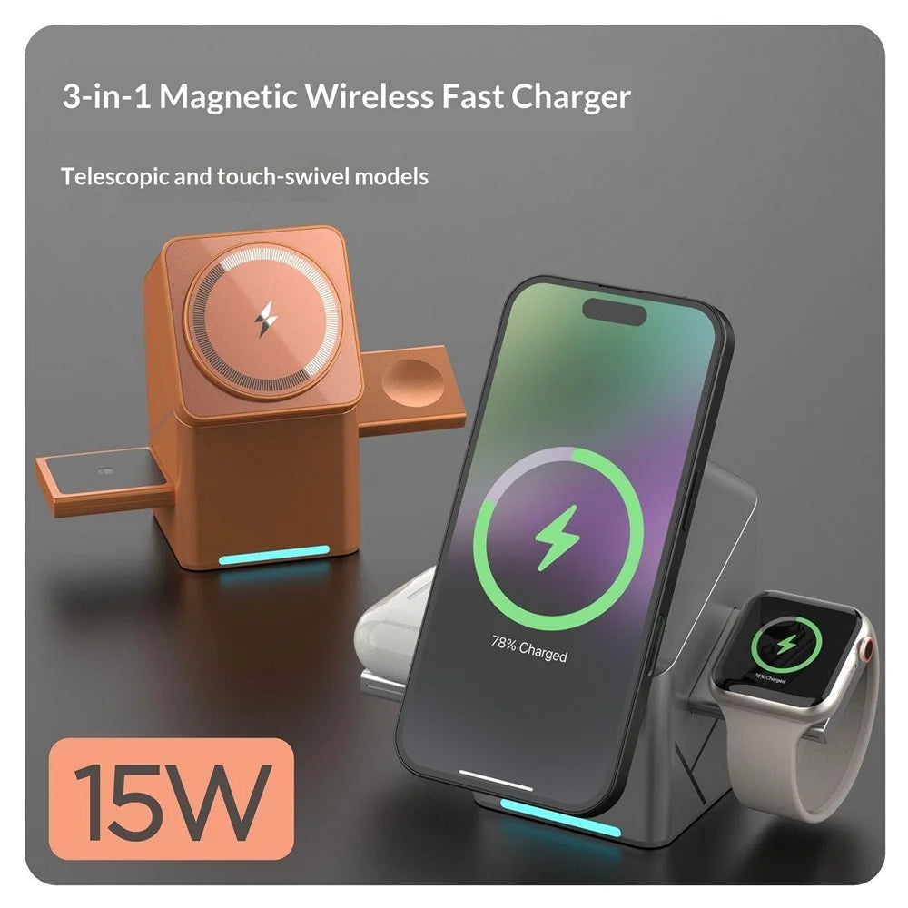 W10 3 in 1 Magnetic Wireless Charger 15W Fast Charging Stand for iPhone Samsung Phone Watch Earbuds - Grey - 6