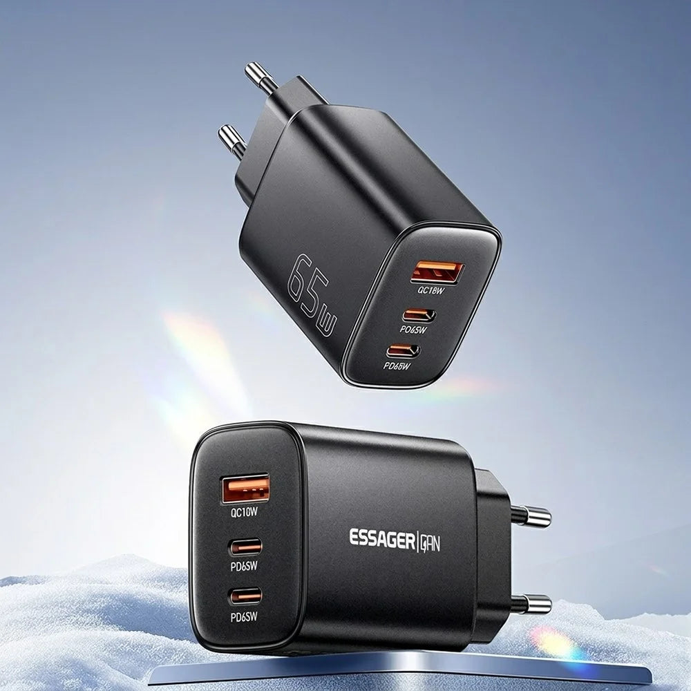 ESSAGER 65W Fast Charging Adapter USB-A + 2 USB-C Travel GaN Charger for Laptop Phone - EU Plug - 2
