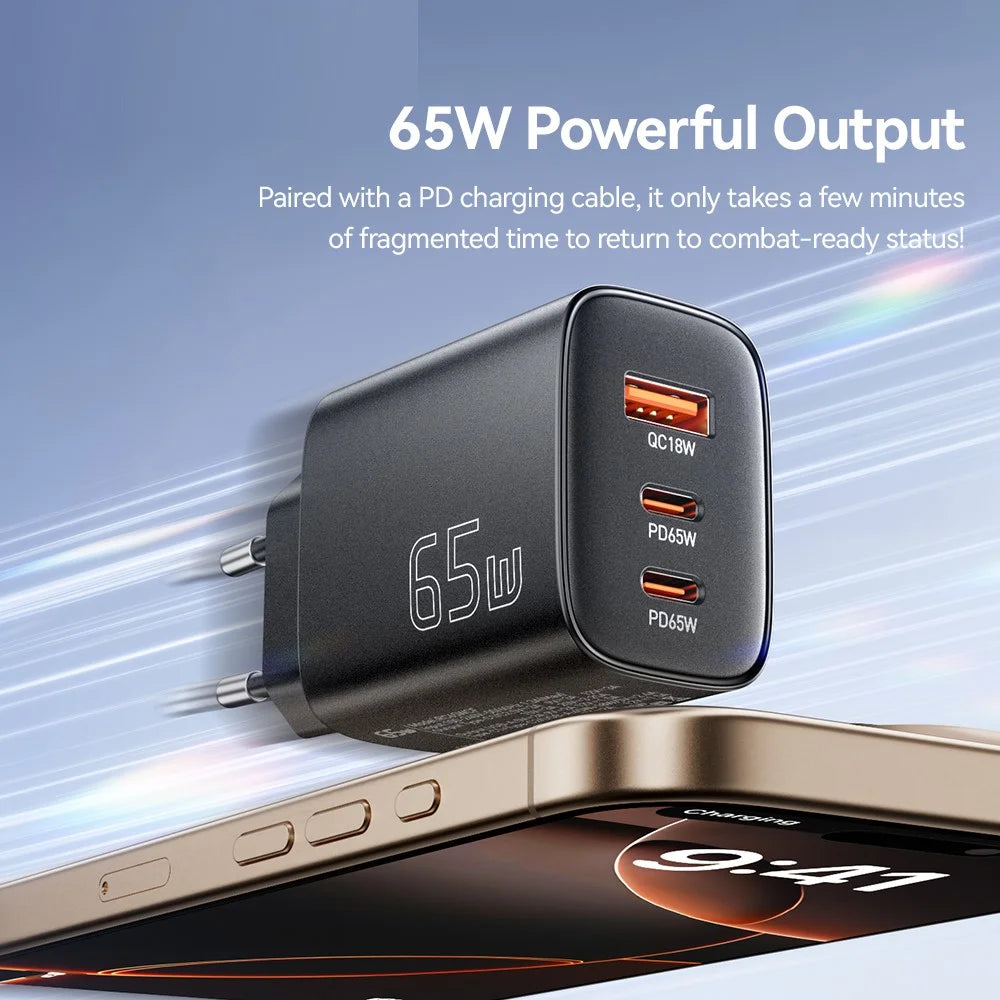 ESSAGER 65W Fast Charging Adapter USB-A + 2 USB-C Travel GaN Charger for Laptop Phone - EU Plug - 3