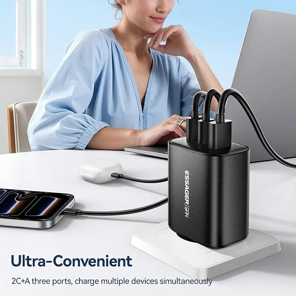 ESSAGER 65W Fast Charging Adapter USB-A + 2 USB-C Travel GaN Charger for Laptop Phone - EU Plug - 5