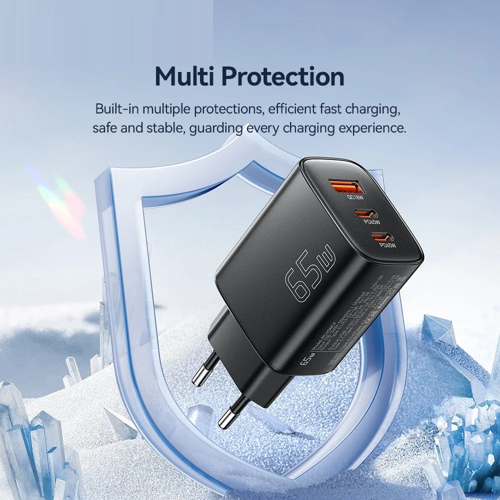 ESSAGER 65W Fast Charging Adapter USB-A + 2 USB-C Travel GaN Charger for Laptop Phone - EU Plug - 6