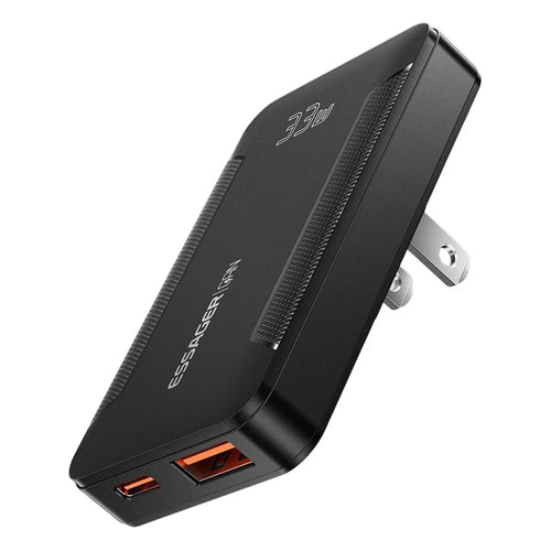 ESSAGER US Plug 33W GaN Travel Charger Type-C + USB-A Dual Port Ultra Slim Fast Charging Adapter - Black - 1