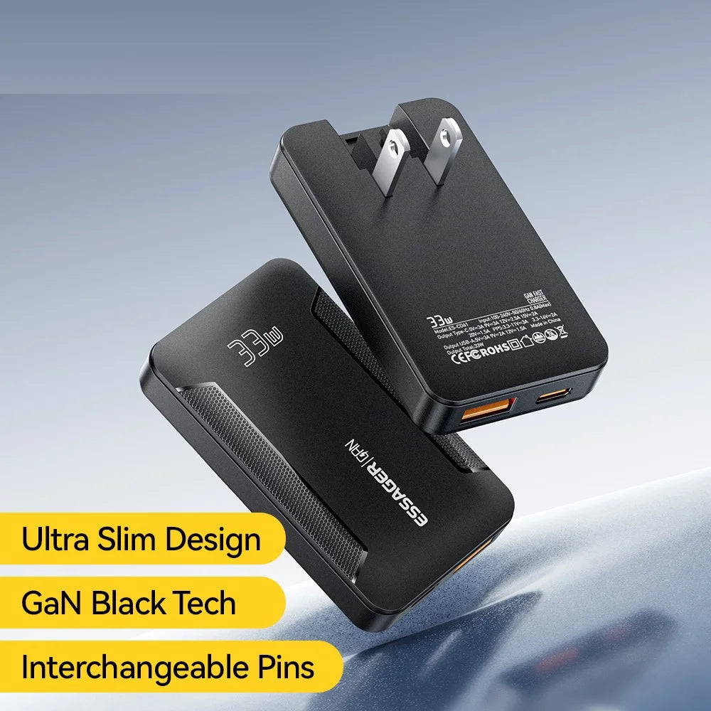 ESSAGER US Plug 33W GaN Travel Charger Type-C + USB-A Dual Port Ultra Slim Fast Charging Adapter - Black - 3