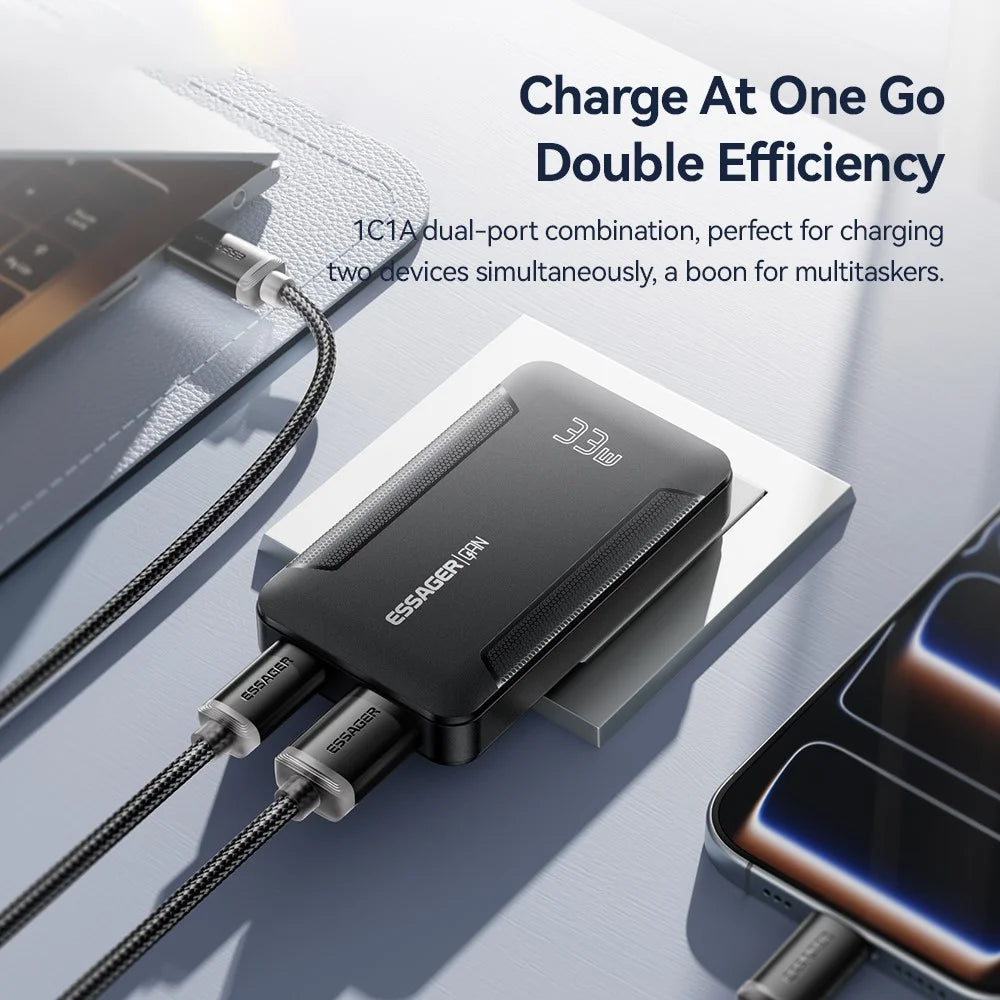 ESSAGER US Plug 33W GaN Travel Charger Type-C + USB-A Dual Port Ultra Slim Fast Charging Adapter - Black - 7