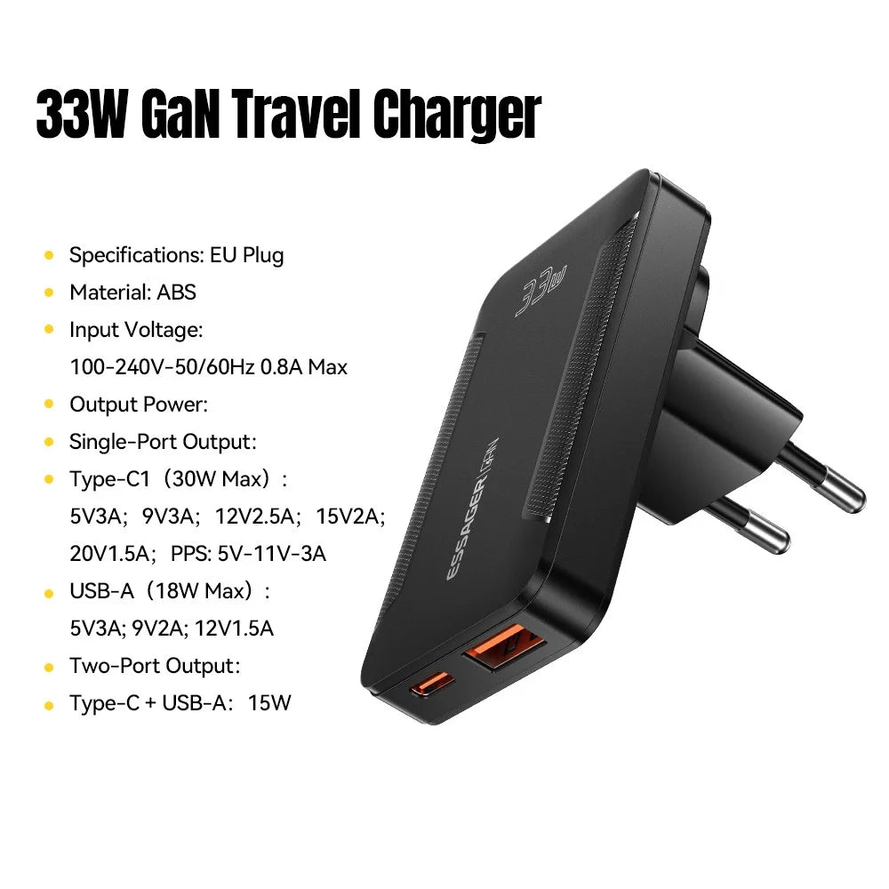 ESSAGER 33W GaN Travel Charger Type-C + USB-A Dual Port Ultra Slim Fast Charging Adapter - EU Plug - 2