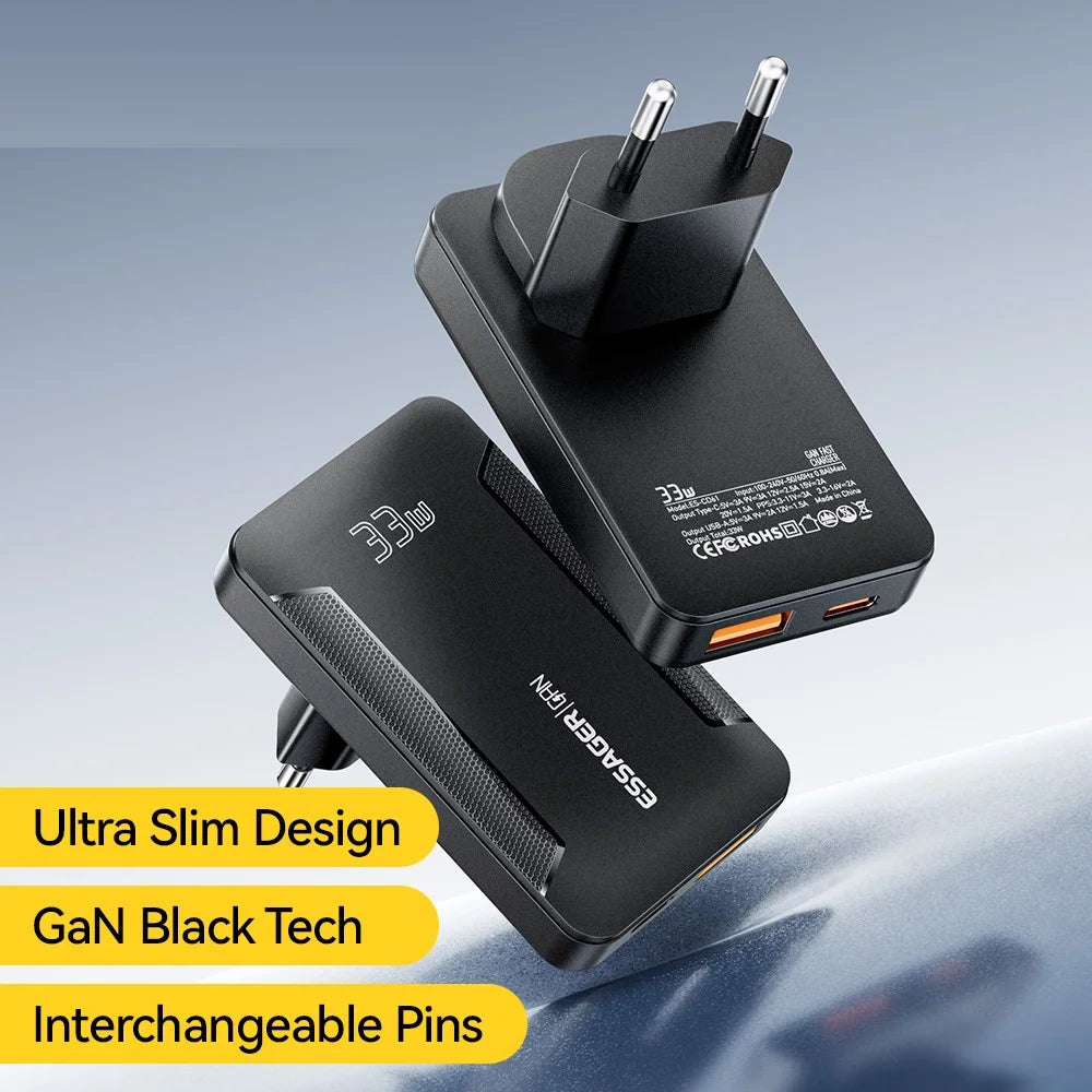 ESSAGER 33W GaN Travel Charger Type-C + USB-A Dual Port Ultra Slim Fast Charging Adapter - EU Plug - 3