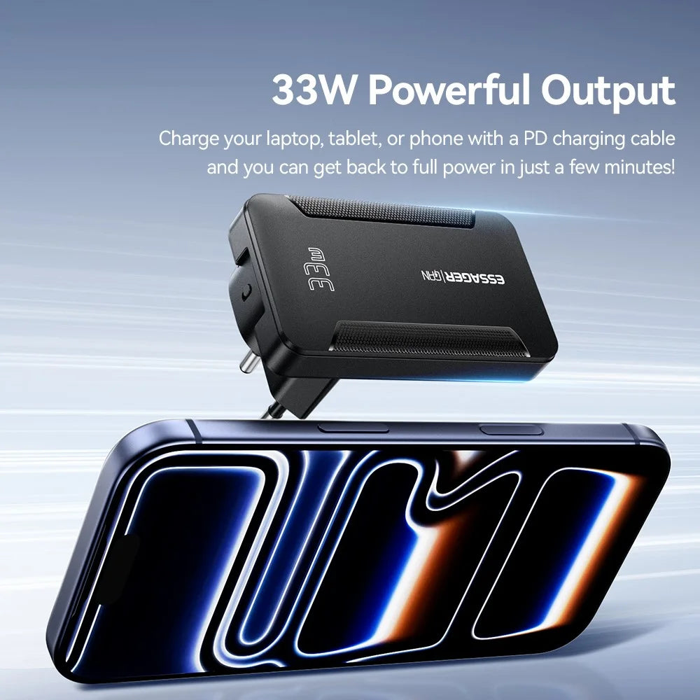 ESSAGER 33W GaN Travel Charger Type-C + USB-A Dual Port Ultra Slim Fast Charging Adapter - EU Plug - 4