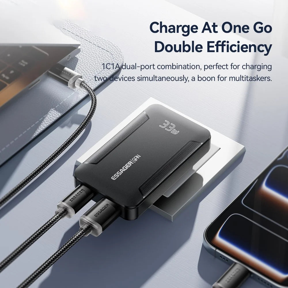 ESSAGER 33W GaN Travel Charger Type-C + USB-A Dual Port Ultra Slim Fast Charging Adapter - EU Plug - 7