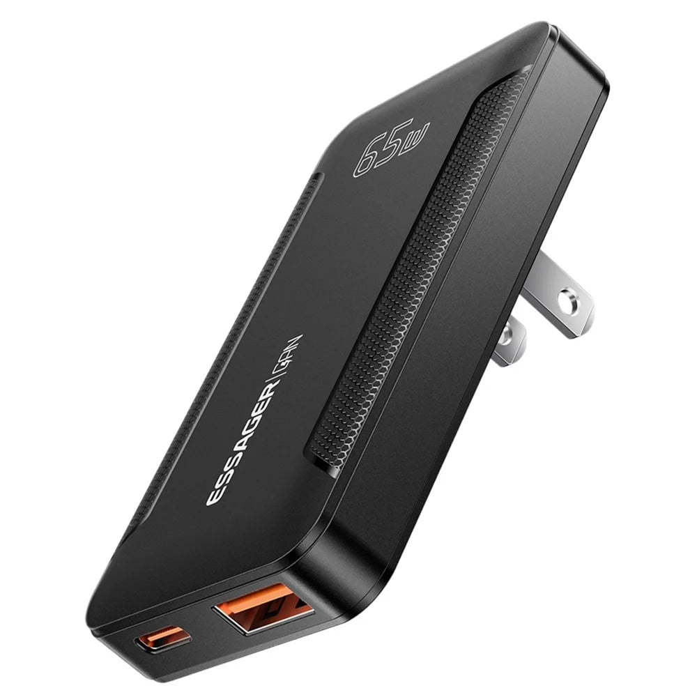 ESSAGER US Plug 65W GaN Ultra Thin Travel Charger USB-C + USB-A Fast Charging Adapter for MacBook iPhone iPad - Black - 1