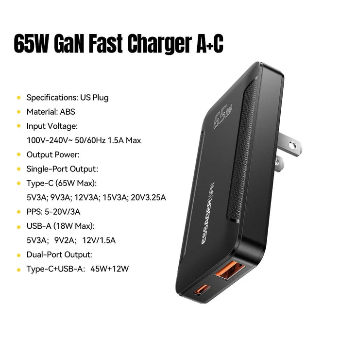 ESSAGER US Plug 65W GaN Ultra Thin Travel Charger USB-C + USB-A Fast Charging Adapter for MacBook iPhone iPad - Black - 2