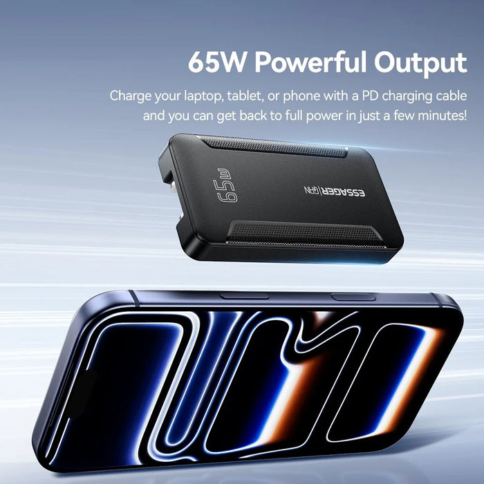 ESSAGER US Plug 65W GaN Ultra Thin Travel Charger USB-C + USB-A Fast Charging Adapter for MacBook iPhone iPad - Black - 4