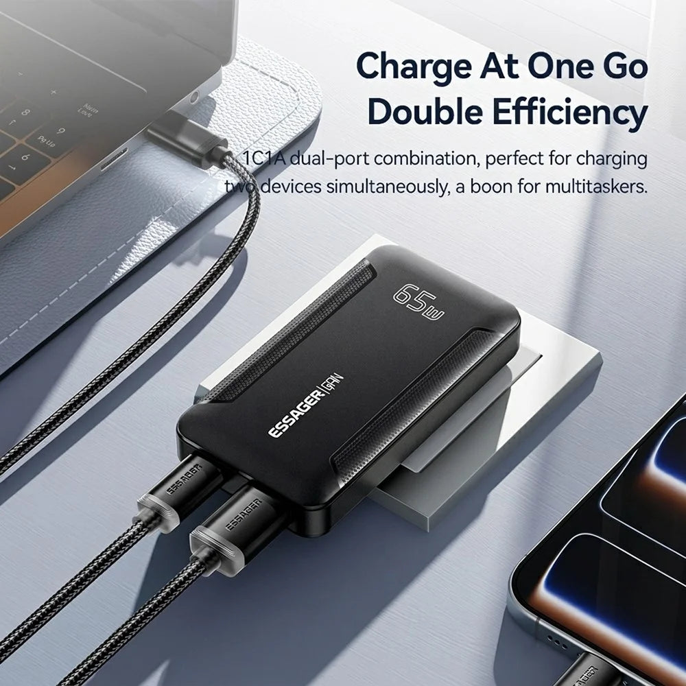 ESSAGER US Plug 65W GaN Ultra Thin Travel Charger USB-C + USB-A Fast Charging Adapter for MacBook iPhone iPad - Black - 7