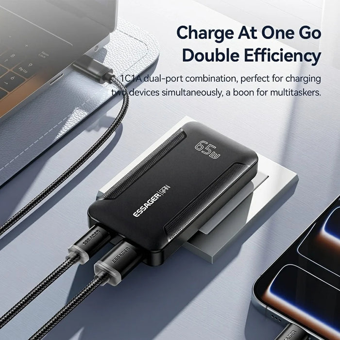 ESSAGER US Plug 65W GaN Ultra Thin Travel Charger USB-C + USB-A Fast Charging Adapter for MacBook iPhone iPad - Black - 7