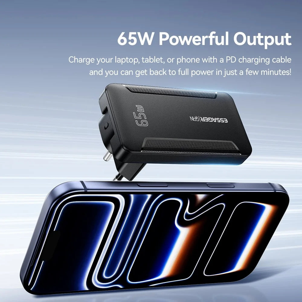 ESSAGER 65W GaN Ultra Thin Travel Charger USB-C + USB-A Fast Charging Adapter for MacBook iPhone iPad - EU Plug - 4