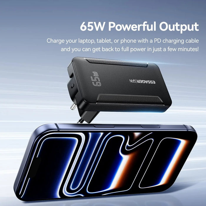 ESSAGER 65W GaN Ultra Thin Travel Charger USB-C + USB-A Fast Charging Adapter for MacBook iPhone iPad - EU Plug - 4
