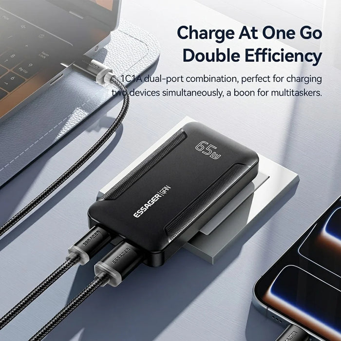 ESSAGER 65W GaN Ultra Thin Travel Charger USB-C + USB-A Fast Charging Adapter for MacBook iPhone iPad - EU Plug - 7