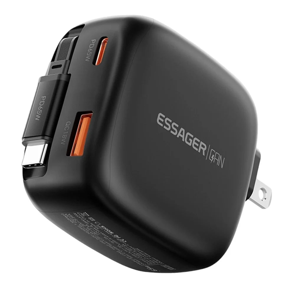 ESSAGER US Plug 65W Fast Charging GaN Travel Charger Type-C + USB-A Power Adapter with Retractable Cable - Black - 1