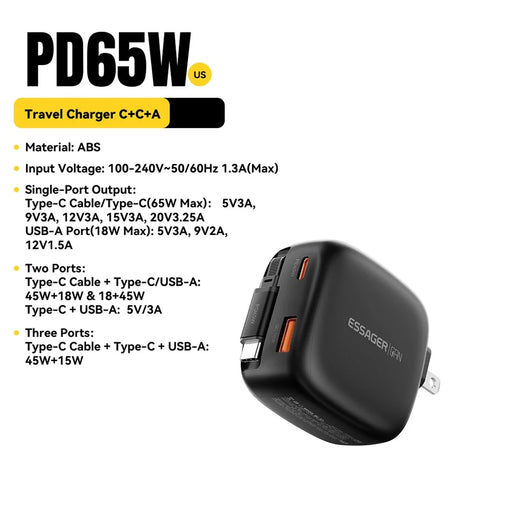 ESSAGER US Plug 65W Fast Charging GaN Travel Charger Type-C + USB-A Power Adapter with Retractable Cable - Black - 2