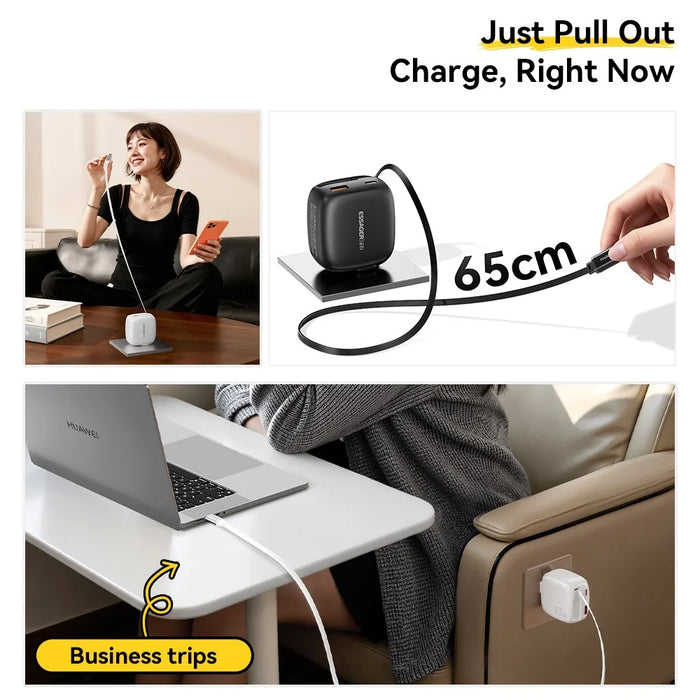 ESSAGER US Plug 65W Fast Charging GaN Travel Charger Type-C + USB-A Power Adapter with Retractable Cable - Black - 3