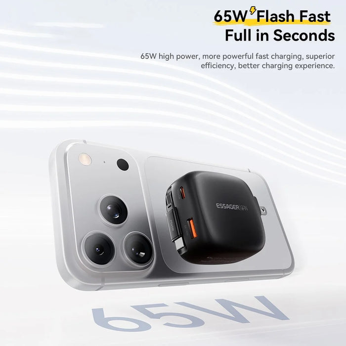 ESSAGER US Plug 65W Fast Charging GaN Travel Charger Type-C + USB-A Power Adapter with Retractable Cable - Black - 4
