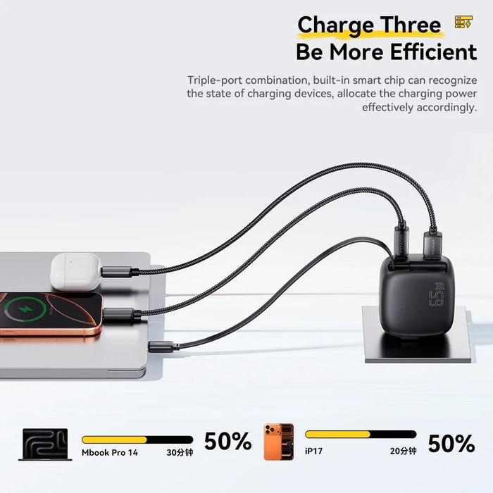 ESSAGER US Plug 65W Fast Charging GaN Travel Charger Type-C + USB-A Power Adapter with Retractable Cable - Black - 6