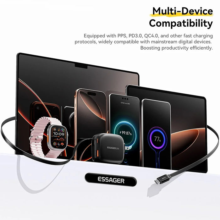 ESSAGER US Plug 65W Fast Charging GaN Travel Charger Type-C + USB-A Power Adapter with Retractable Cable - Black - 7