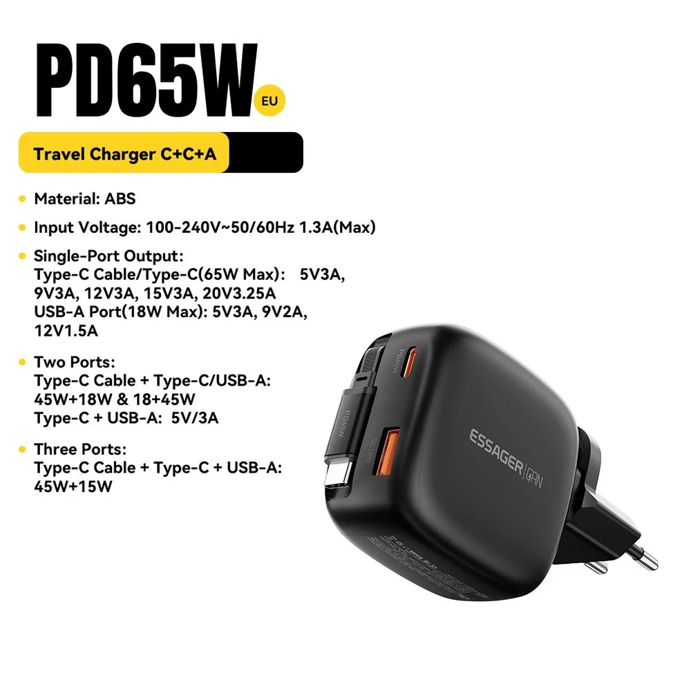 ESSAGER 65W Fast Charging GaN Travel Charger Type-C + USB-A Power Adapter with Retractable Cable - EU Plug / Black - 2